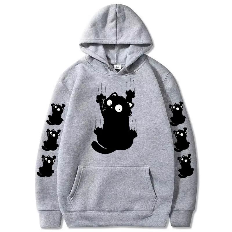 Autumn Winter Women Funny Cat Print Hoodie Casual Drawstring Hooded Long Sleeve Pocket Sweatshirt Cat Women's Clothing