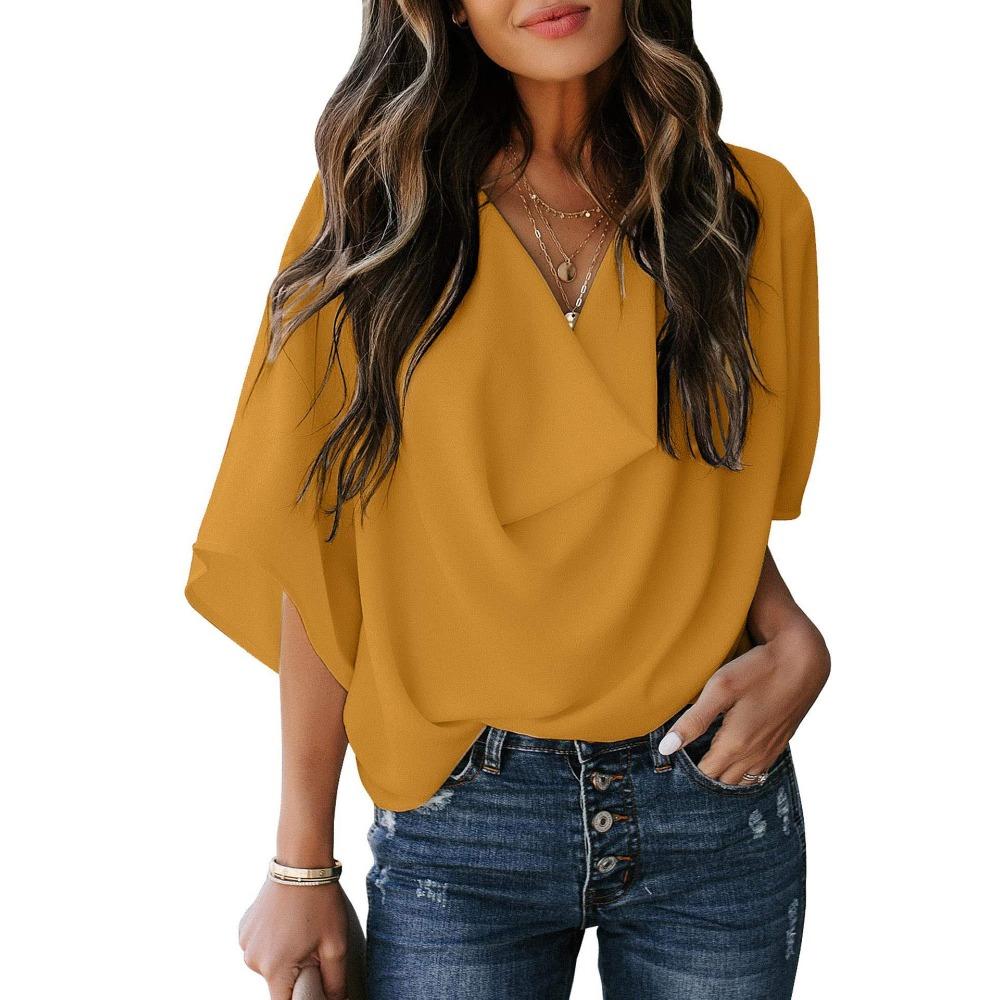 JPNTKY Women's Fashion Casual Solid Color Print Short Sleeve V Neck Blouses & Shirts