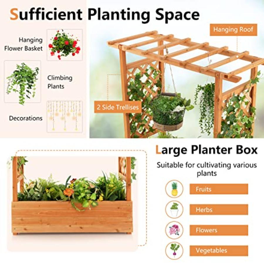 Raised Garden Bed with Arch Trellis Wood Planter Box with Hanging Roof Side Trellis 4 Drainage Holes Above Ground Elevated Gard