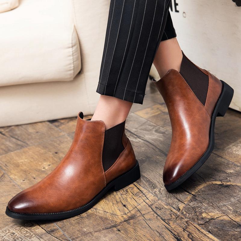 2025 New Four Seasons Men's Pointed Chelsea Boots British Martin Boots Sleeve High Top Large Size Leather Boots