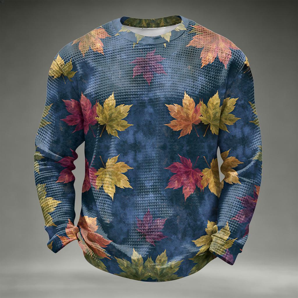 Men's Casual Knit Long Sleeve Neck T-Shirt with Fall Leaf Print