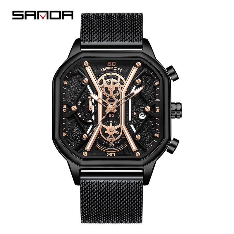 SANDA Trendy Men's Square Quartz Watch - Fashionable Multi-Function Calendar Wristwatch