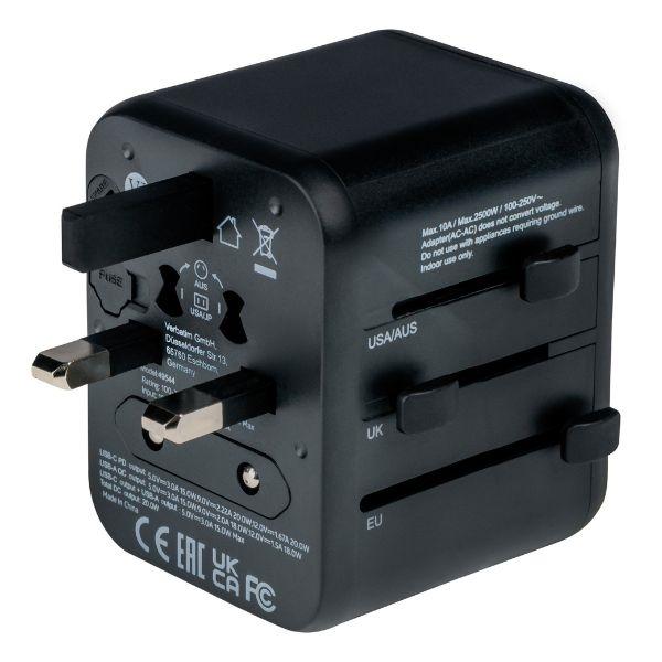 Verbatim Travel Adapter Eu/Uk/Us 2Xusb-A/Usb-C Pd 20W Uta-02 Black/Black 49544