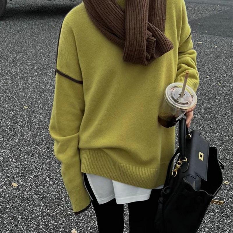 Autumn and Winter Sweater Women's Literary and Retro Loose and Simple Crew Neck Top Design Contrasting Color Versatile Pullover Knitted Sweater