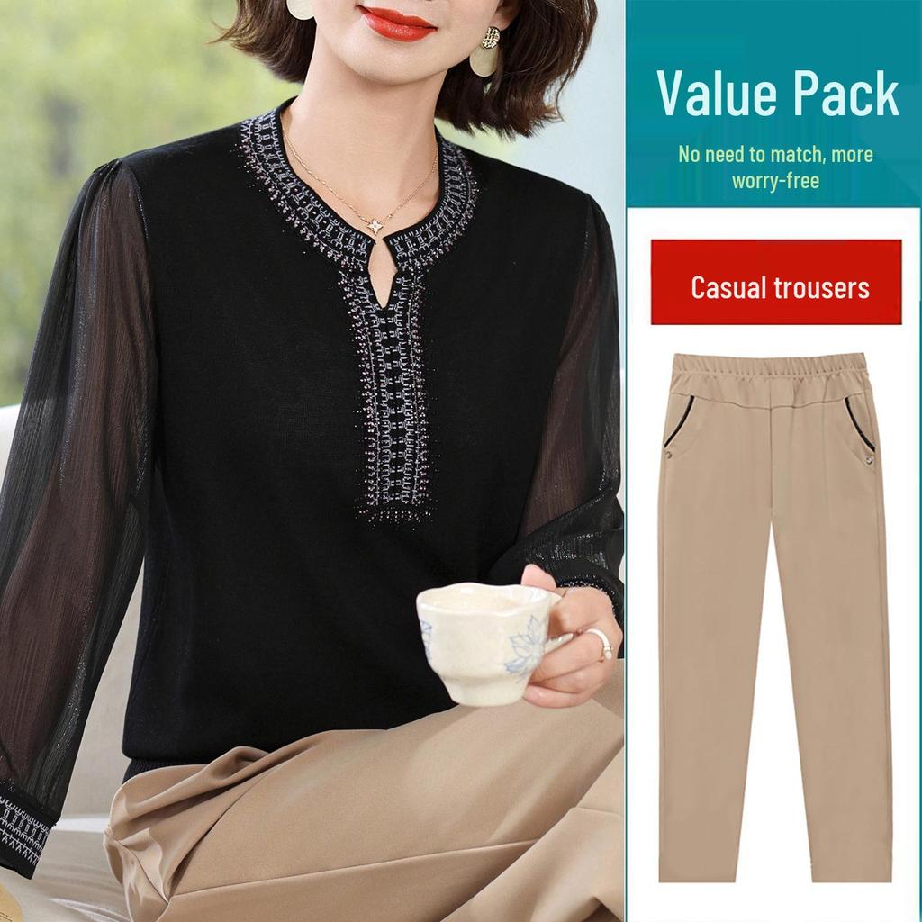 Schickes Herbst-Rundhals-Langarm-T-Shirt für Frauen mittleren Alters & ältere Frauen - Stilvolles Strickoberteil mit Gaze-Ärmeln