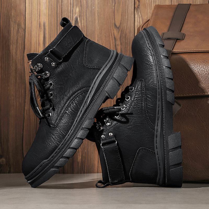 New Design Simple Men's Ankle Boots Handmade Casual Leather Biker Boot Autumn Winter High Top Shoes Plush Fur Motorcycle Botas