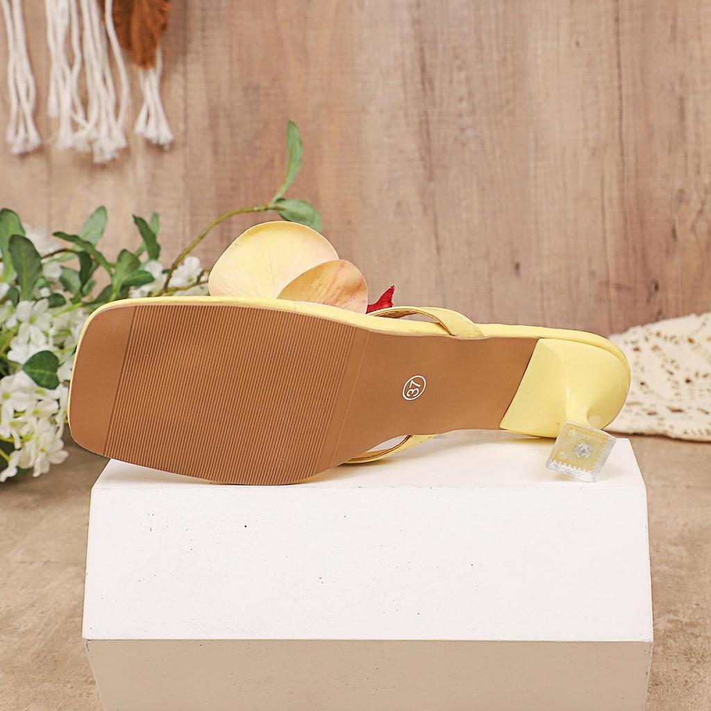 Women's High-Heeled Flip-Flop Sandals, 2025 Summer Collection, Floral Square Toe Design, Thin Heel, Niche Style, In Stock