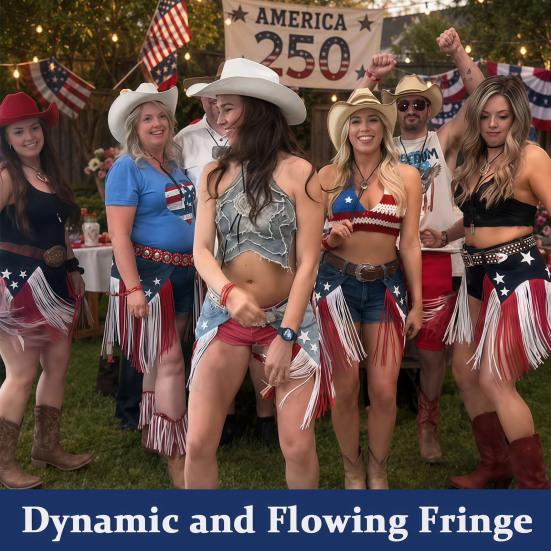 Cintura Patriottica in Denim con Frange 250°, Cintura con Frange Stars And Stripes, Cintura Stile Western per Feste Celebrazioni per Donna