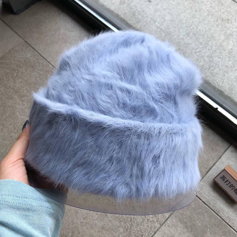 

Модные шапки-бини из кроличьего меха для женщин, мягкая теплая пушистая зимняя шапка для женщин, ветрозащитная шапка-боннет, шапка-бини с отворотом 54-60cm светло-синий