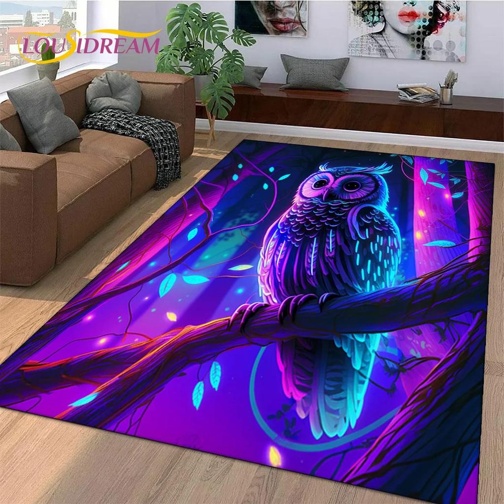 3D Süße Eule Adler Vögel Cartoon Teppich für Schlafzimmer Wohnzimmer Zuhause Sofa Dekoration, Kinderspiel Große Dekor Bodenmatte Geschenk
