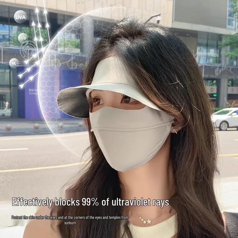 Women's UV Protection Facekini: Removable Ice Silk Mask with Brim, Full Face & Neck Shield.