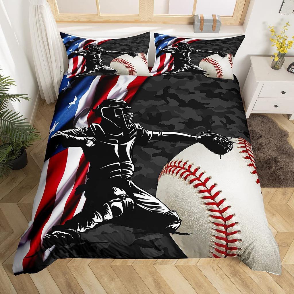 Baseball Three-Piece Quilt Cover Digital Printing Bedding Set American Flag Camouflage Bed Cover