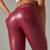Pantalon de Yoga d'Hiver Chaud en Cuir PU Couleur Unie Leggings de Gym avec Poches Vêtements de Sport et de Fitness
