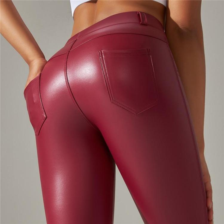 Pantalon de Yoga d'Hiver Chaud en Cuir PU Couleur Unie Leggings de Gym avec Poches Vêtements de Sport et de Fitness