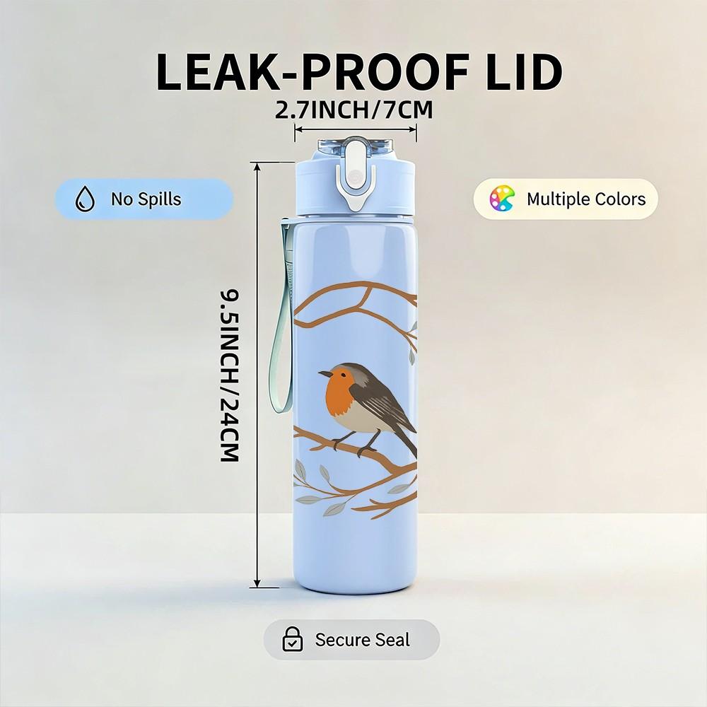 1PC Wreath Robin Bird Print 750ml Color Plastic Sports Water Bottle Leakproof Flip Straw Lid Suitable for Sports Office Home Use