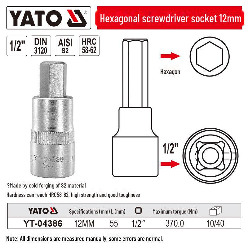 YATO 1/2" Hex Screwdriver Socket Set, S2 Batch Head, Chrome Vanadium Steel