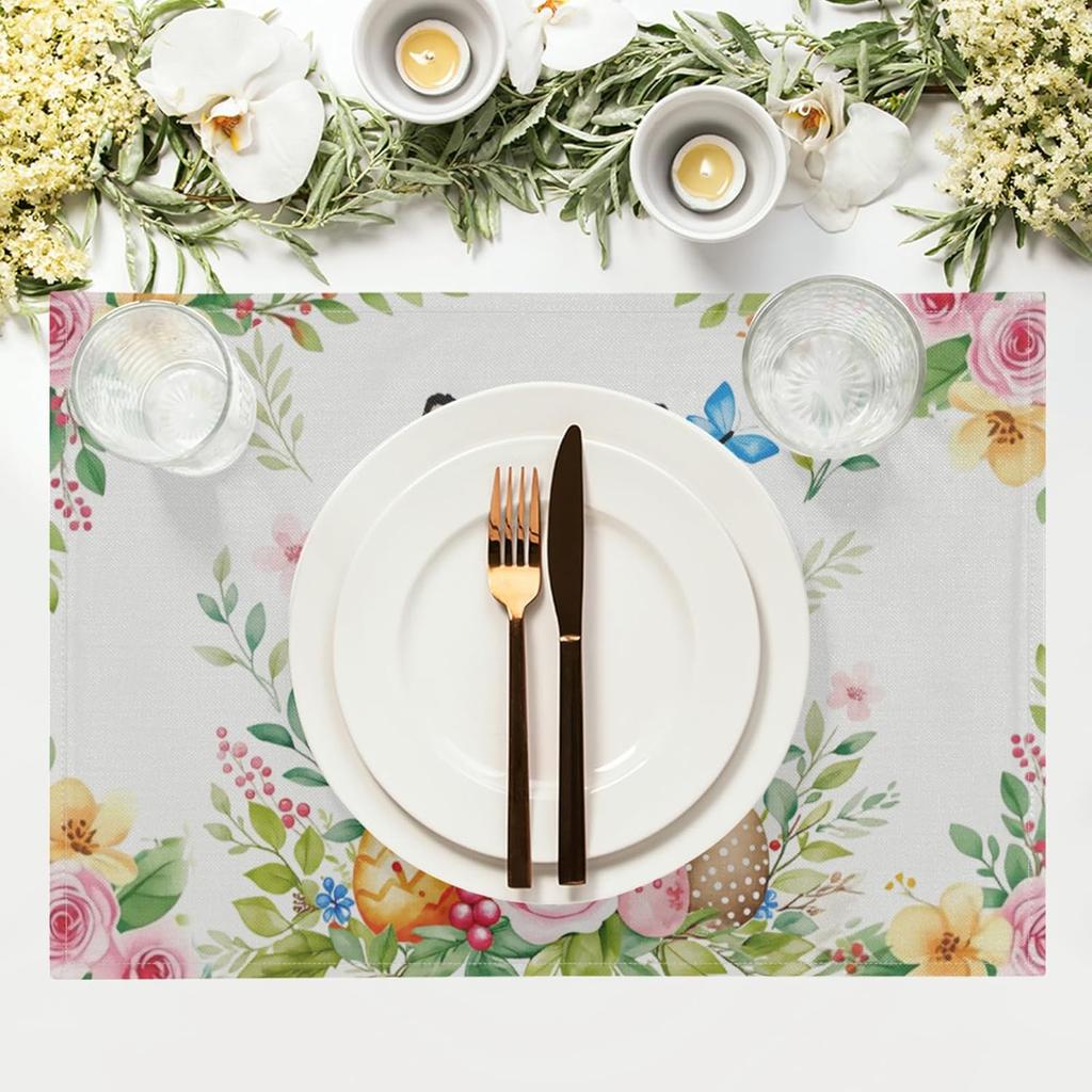 Easter Bunny Placemats Set of 4 18x12 Inch Easter Eggs Rabbit and Floral Linen Place Mats Wipeable Spring Flowers Table Mat