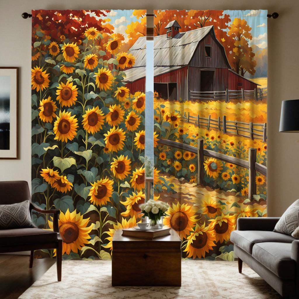 2pcs HD Country Cottage Pastoral Sunflower curtains Yellow tie digital printed curtains Home Decoration style Decorate living