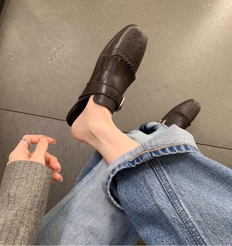 Cowhide Version Grape Mother Brock Engraved Fringed Bag Head Slippers Women's Summer Wear Flat-bottomed Retro Muller Half Slippers