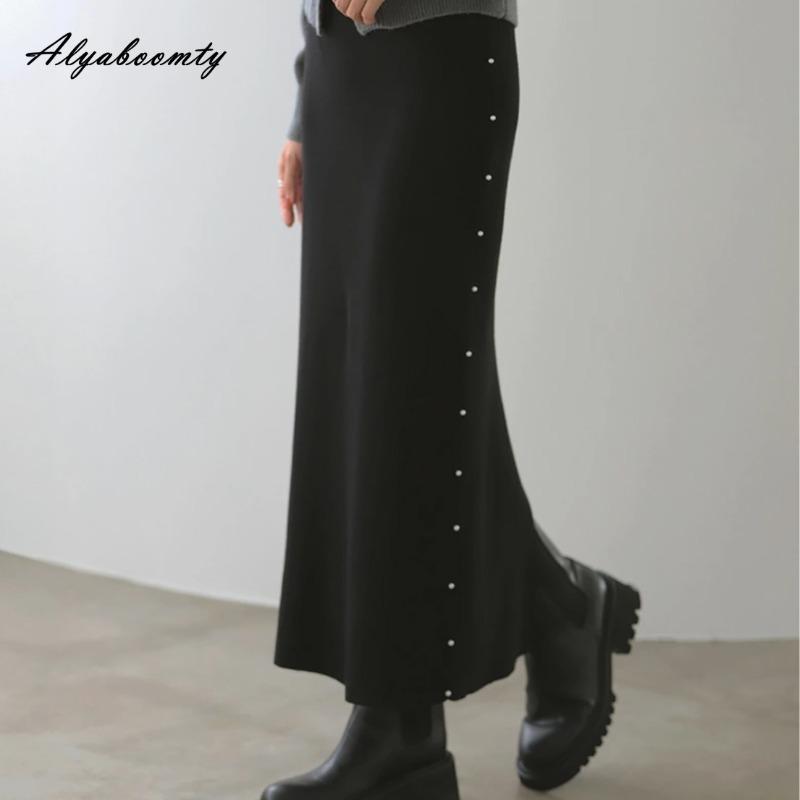 

Корейская мода Осень Зима Женская вязаная юбка с высокой талией Черная вязаная юбка с разрезом Отделка бисером Элегантная Женственная Теплая Прямая юбка One Size чёрный