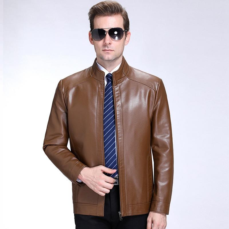 Spring, Autumn and Winter Stand-up Collar Leather Jacket for Men, Korean Style Middle-aged Dad's Casual Motorcycle Wear, Sheepskin Large Size Jacket