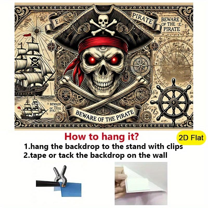 1 Piece Pirate Skull Background Cloth - Retro Black and Red Tone Decoration - "Beware of Pirates" Text