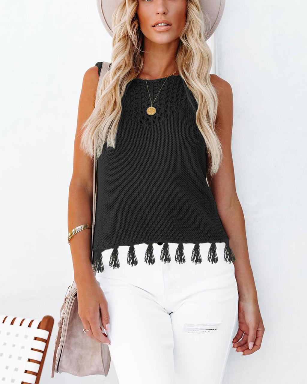 2026 Summer European & American Women s Fashion Round Neck Tassel Hollow Knit Vest Medium чёрный