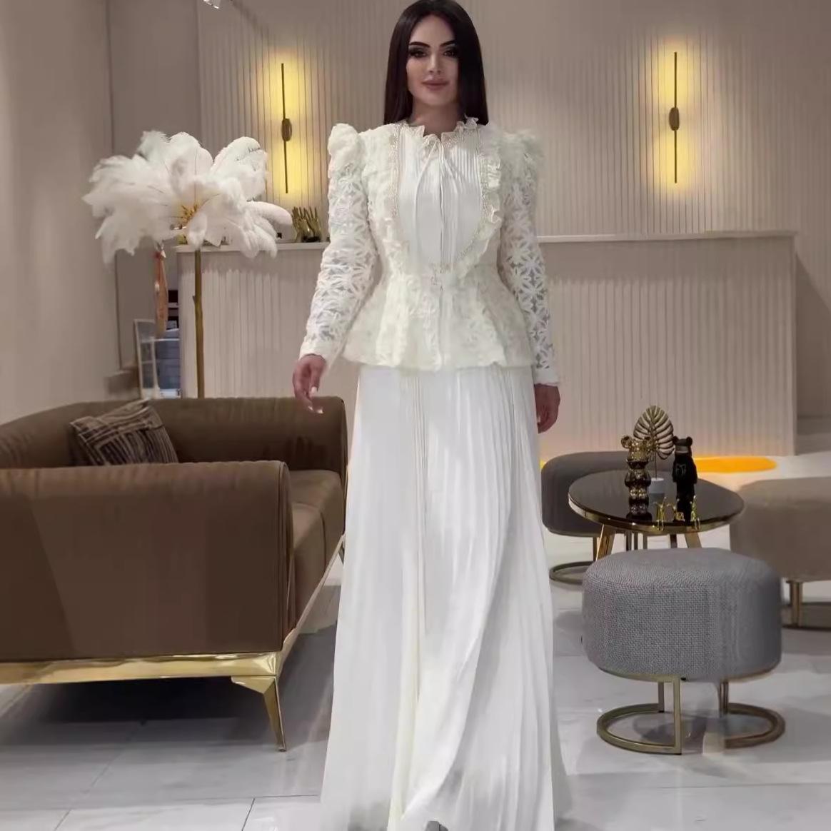 

2024 Осень Европейский и Американский Женский Однотонный Приталенный Кружевной Топ и Длинная Юбка Комплект XXL белый