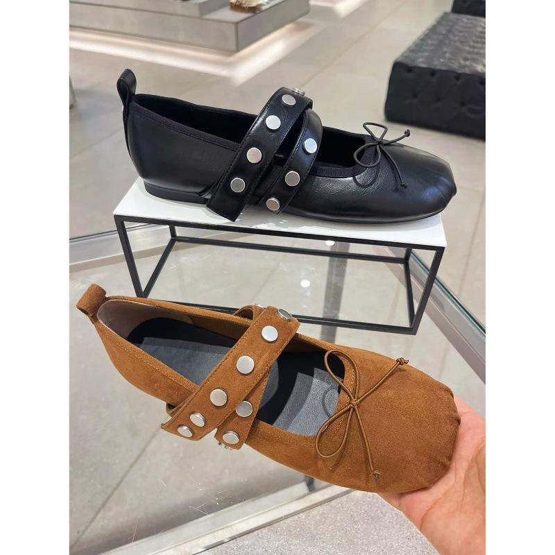 Leather Version~ Leather Retro French Rivet Bow Flat Sole Shoes Women's Light ** Fork Belt Mary Jane Women's Shoes