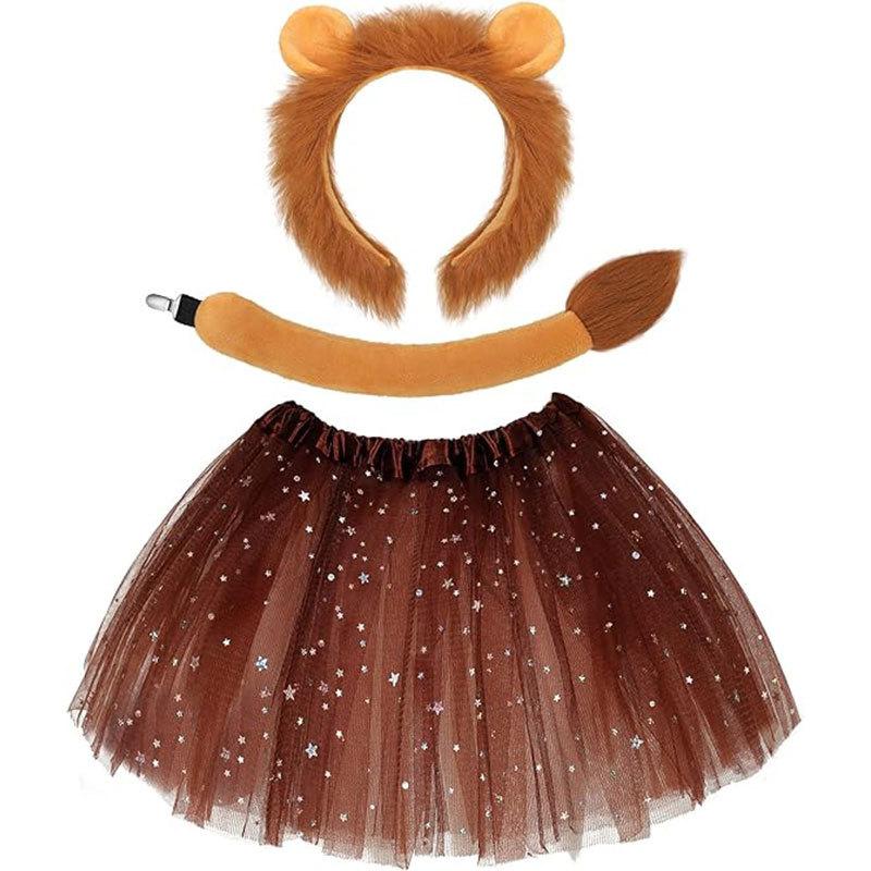 Kinder Jungen Mädchen Tier Löwe Cosplay Kostüme Ohren und Schwanz Stirnband Rock Set Zubehör Halloween Karneval Party Verkleidung