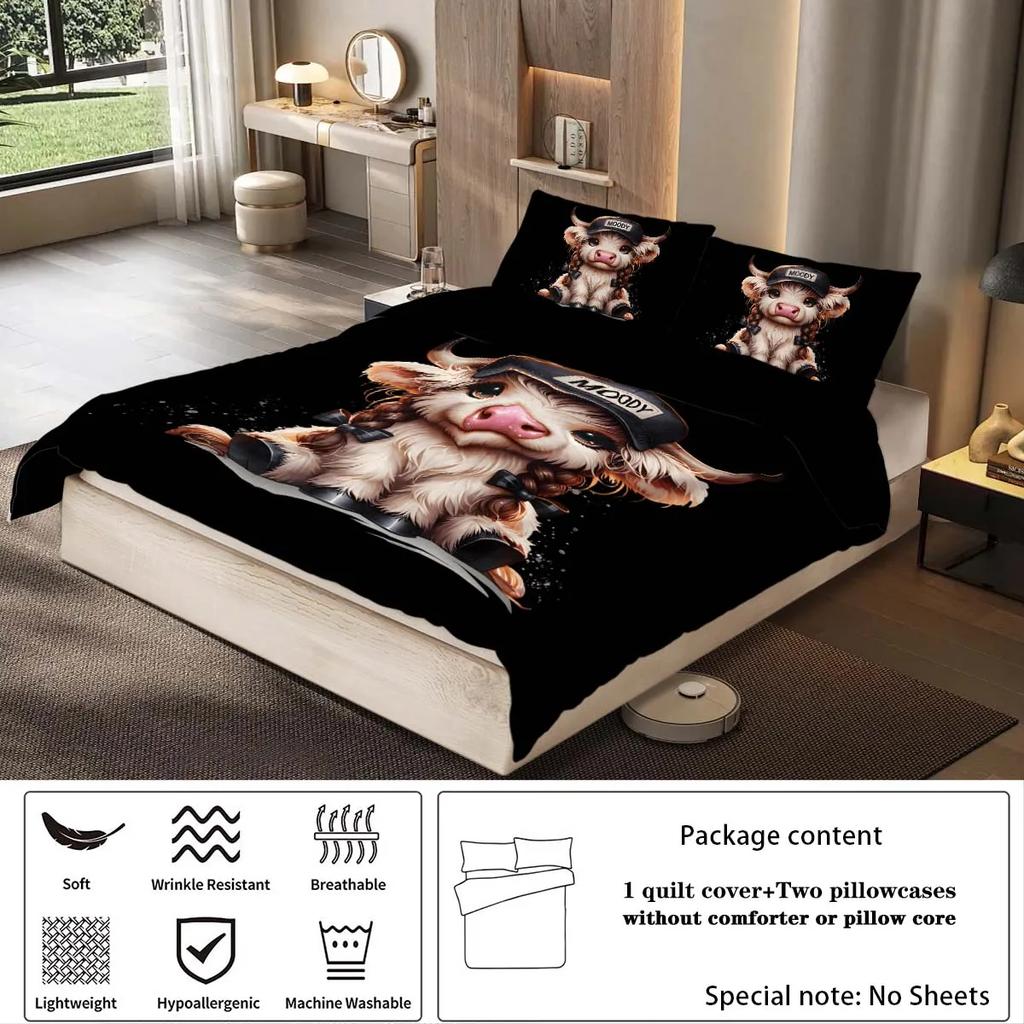 Three-piece set (1 duvet cover, 2 pillowcases, no core), cute cartoon cool highland cow element printed bedding, multiple sizes