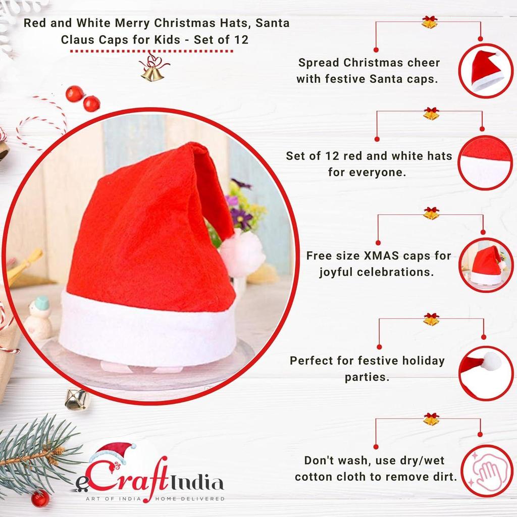 Red White Merry Christmas Caps (Set of 12) | Santa Claus Xmas Hats for Kids Babies Adults | Free Size Santa Claus Hat for Christmas
