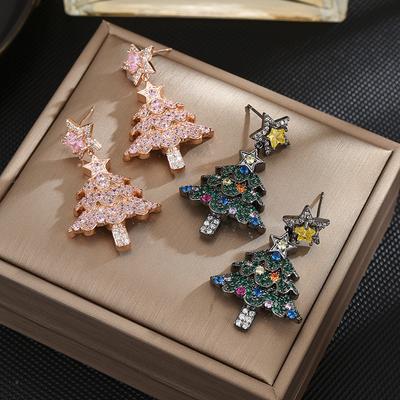 Boucles d'oreilles Puce Pendantes Argentées Étoile Cristal Zircon Arbre de Noël Mode Xmas Cadeau Fête Femmes Vente Chaude