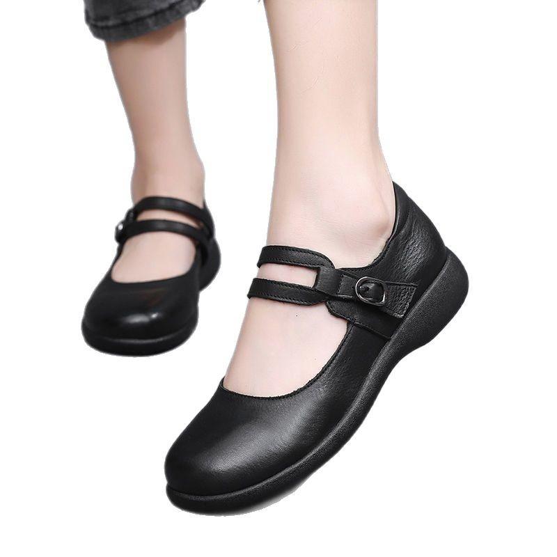 Mom Shoes Spring and Summer Soft Leather Soft Sole One-word Buckle Single Shoes Flat Sole Comfortable Middle-aged and Elderly Retro Shallow Mouth Lea