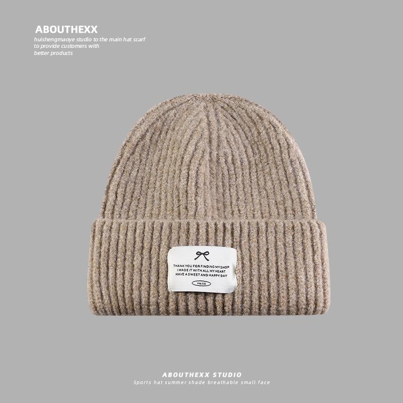 Autumn and Winter Wool Hat for Women Showing Face Small Warm Ear Protection Knit Hat Bow Letter Cloth Label Cold Hat Pullover Hat Men