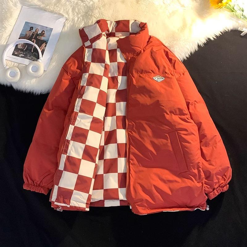 

Хлопковая куртка-пальто с пухом с обеих сторон, мужская зимняя стеганая клетчатая парная, одежда, хлопковое пальто и пальто. XXL красный