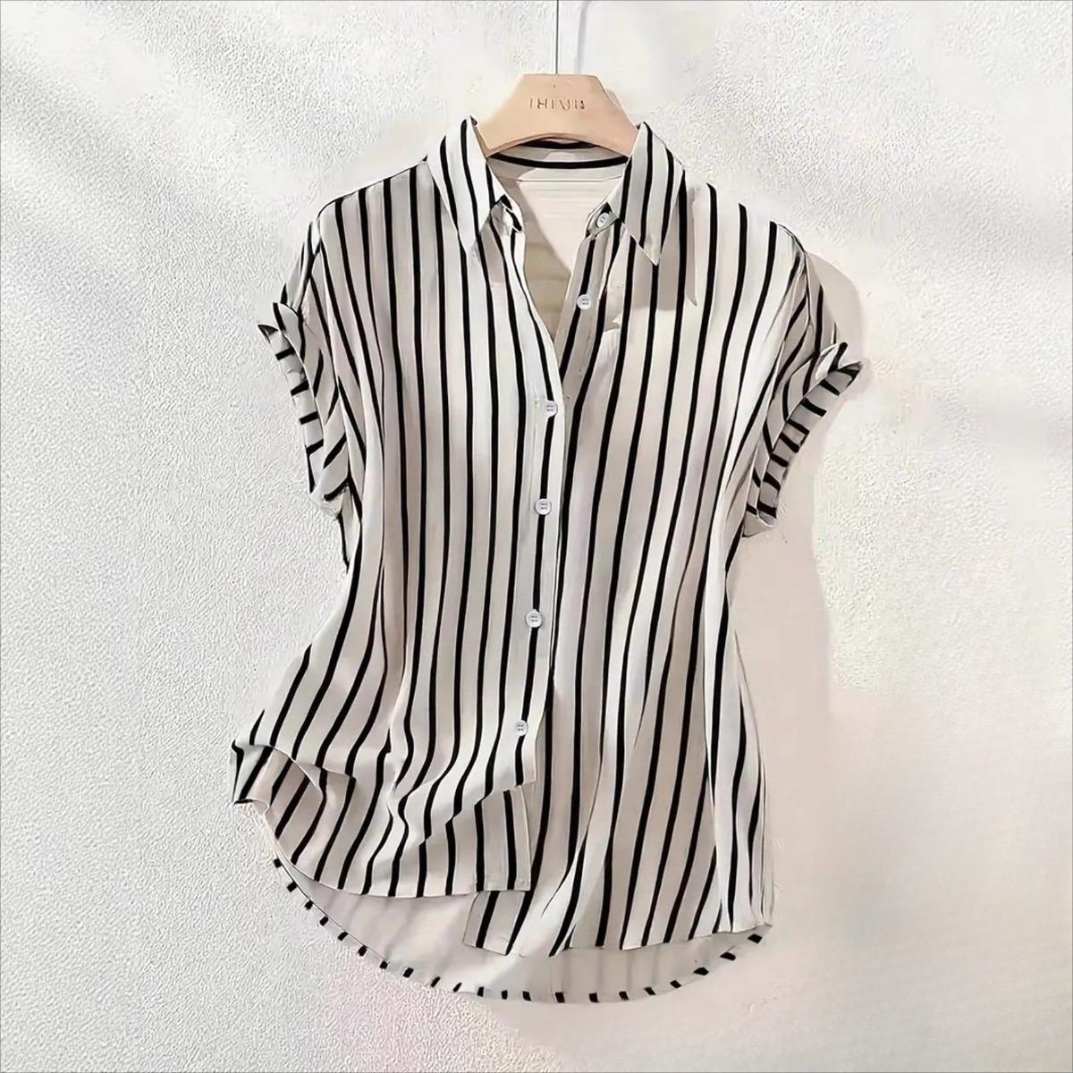 Women s Point Collar Short Sleeve Striped Loose Fit Office Casual Blouse Button Down Shirt S