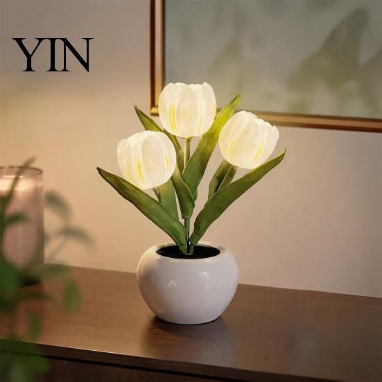 Decorative LED Tulip Lamp Flower Table Lamp, Battery Powered Artificial Night Light with Ceramic Pot, Floral for Bedroom Bedside Home Wedding