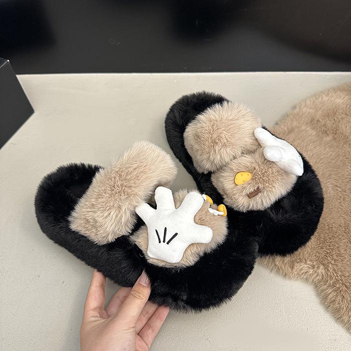 

осень и зима 2025 тапочки Мао Мао женские мультяшные с помпоном милые студенческие тапочки носить на плоской подошве с открытым носком хлопковые тапочки 40 хаки