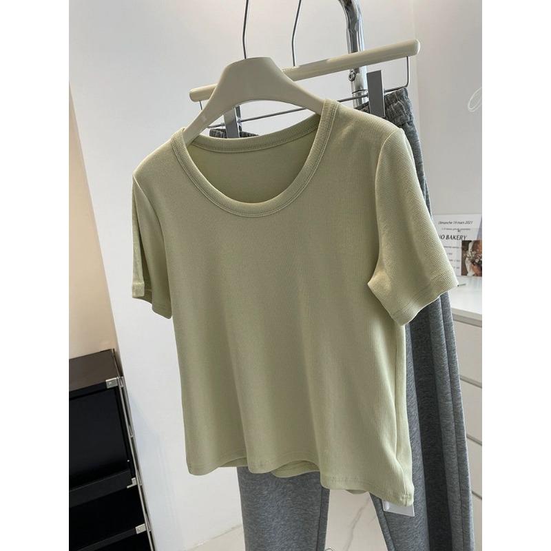 T-shirt da Donna Estiva Nuova Colore Unico Larga Slim Stile Coreano Spalla Destra Top Versatile