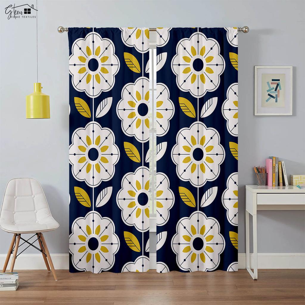 Vorhänge mit Sonnenblumendruck, Retro-Blumenmuster, geeignet für Schlafzimmer, Wohnzimmer, Balkon, dekorative Vorhänge, 2 Stück