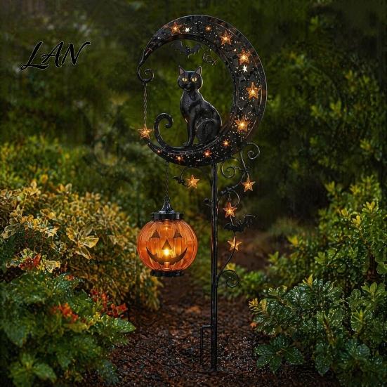 Dekorative Herbstblumenbeetleuchten Halloween Solar-Gartensteckerleuchte, Metall Schwarzkatze & Kürbis Mond Wasserdicht Strombetrieben Dekorationen für Rasen