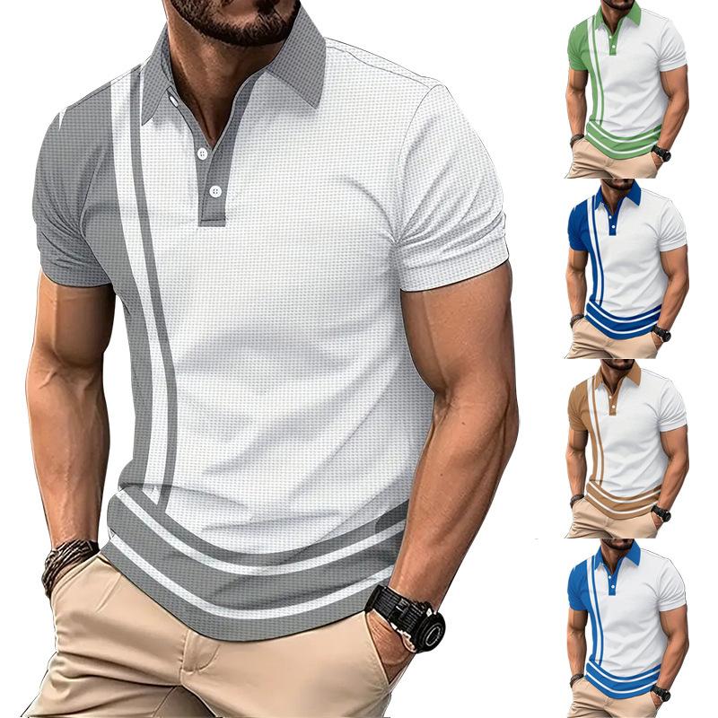 

Нова літня чоловіча сорочка поло з короткими рукавами, 3D-друк, смугасті гудзики, вафельна футболка, чоловічі топи XXXL