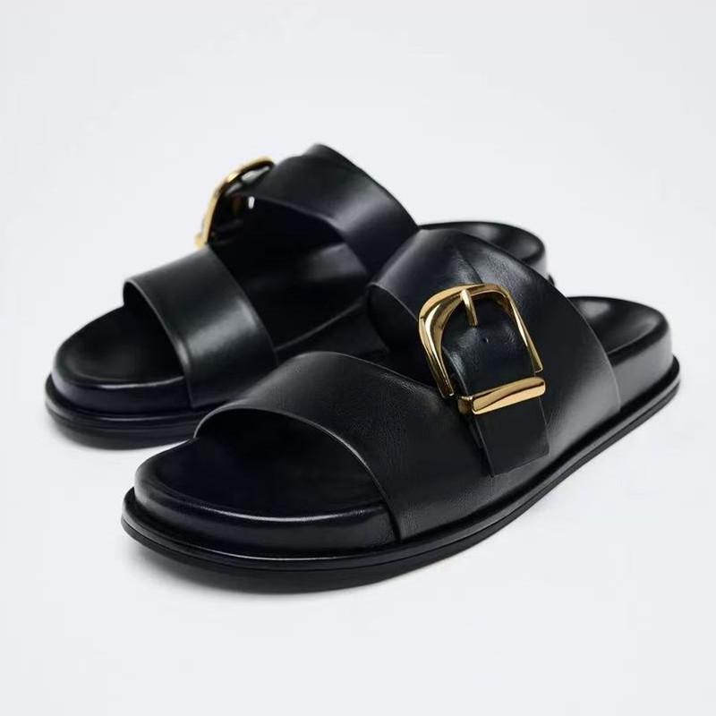 Fashion Black Pu Metal Buckle Brand Flat Sandals Women Fashion Broadband Open Toe Thick Bottom Slippers Comfort Soft Sole Beach Sandals