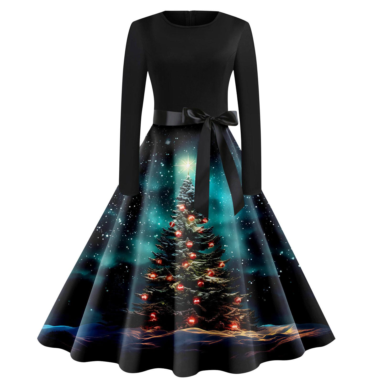 

Женское винтажное классическое платье с воротником на талии и галстуком-бабочкой с длинными рукавами и рождественским принтом, с круглым вырезом, свободное платье XXL