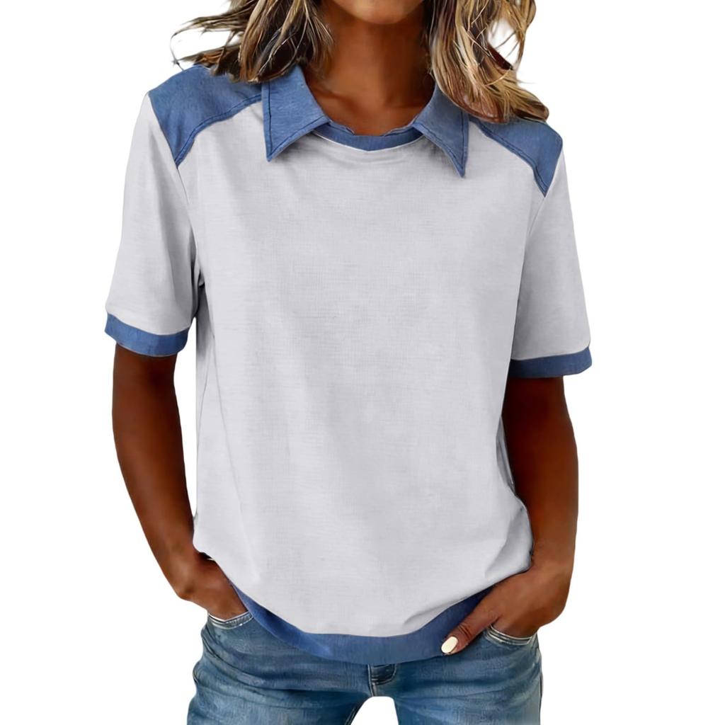 Women Short Sleeve Patchwork Polo Collar Casual Loose Fit T Shirt Soft Fabric Lightweight Top