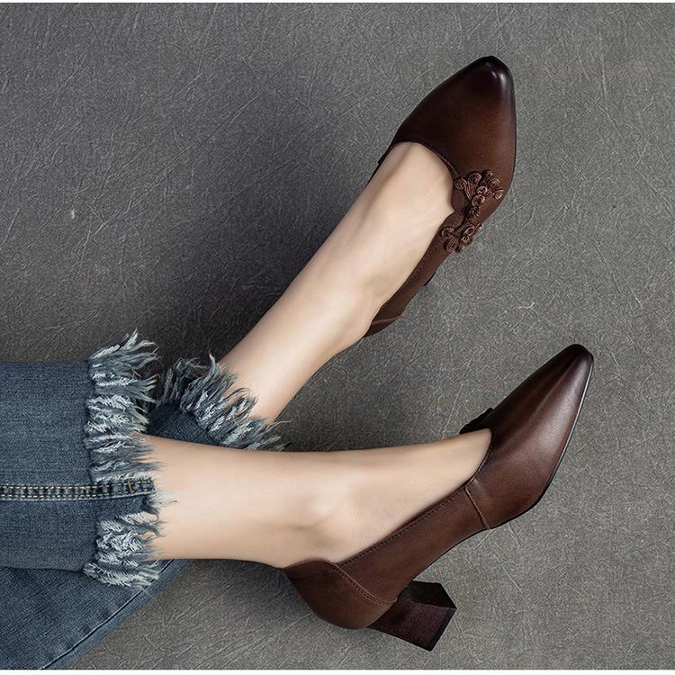 Johnature Scarpe con tacco alto a punta stile etnico Scarpe da donna con décolleté poco profonde in vera pelle retrò versatili