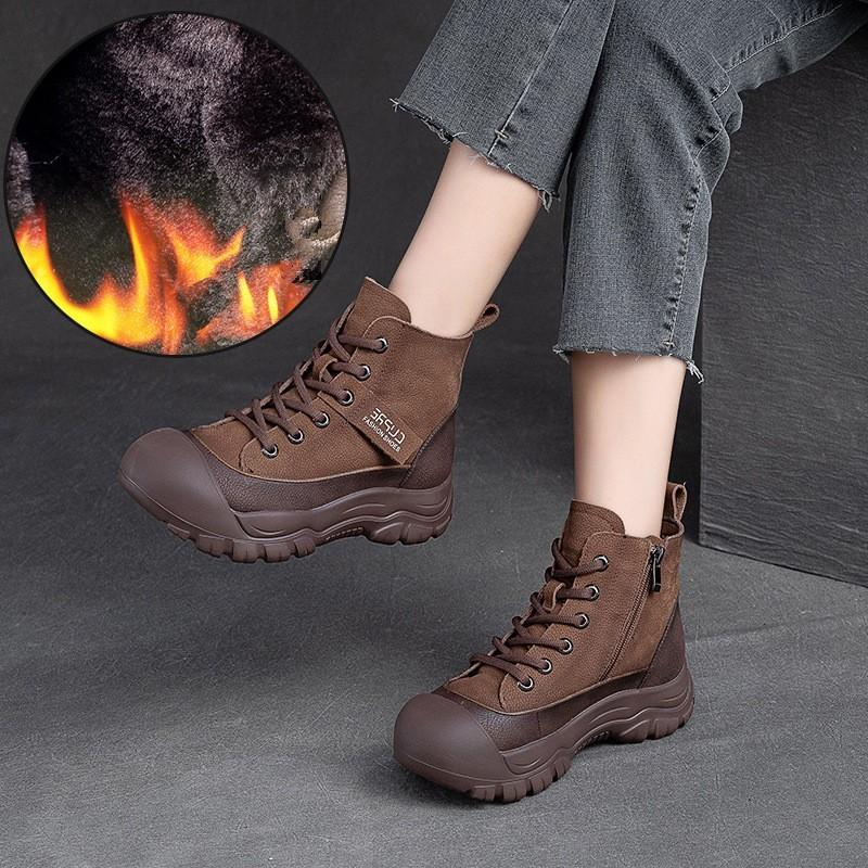 Fashion GKTINOO Women's Lace-up Shoes Cow Skin 5cm Moccasins for New Natural Genuine Leather Mid Calf Ankle Boots Platform Winter