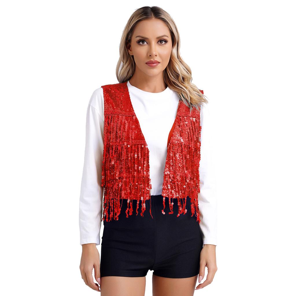 Women's Shiny Sequin Sleeveless Vest Sparkly Casual Open Front Waistcoat Jackets Glitter Vest Coat
