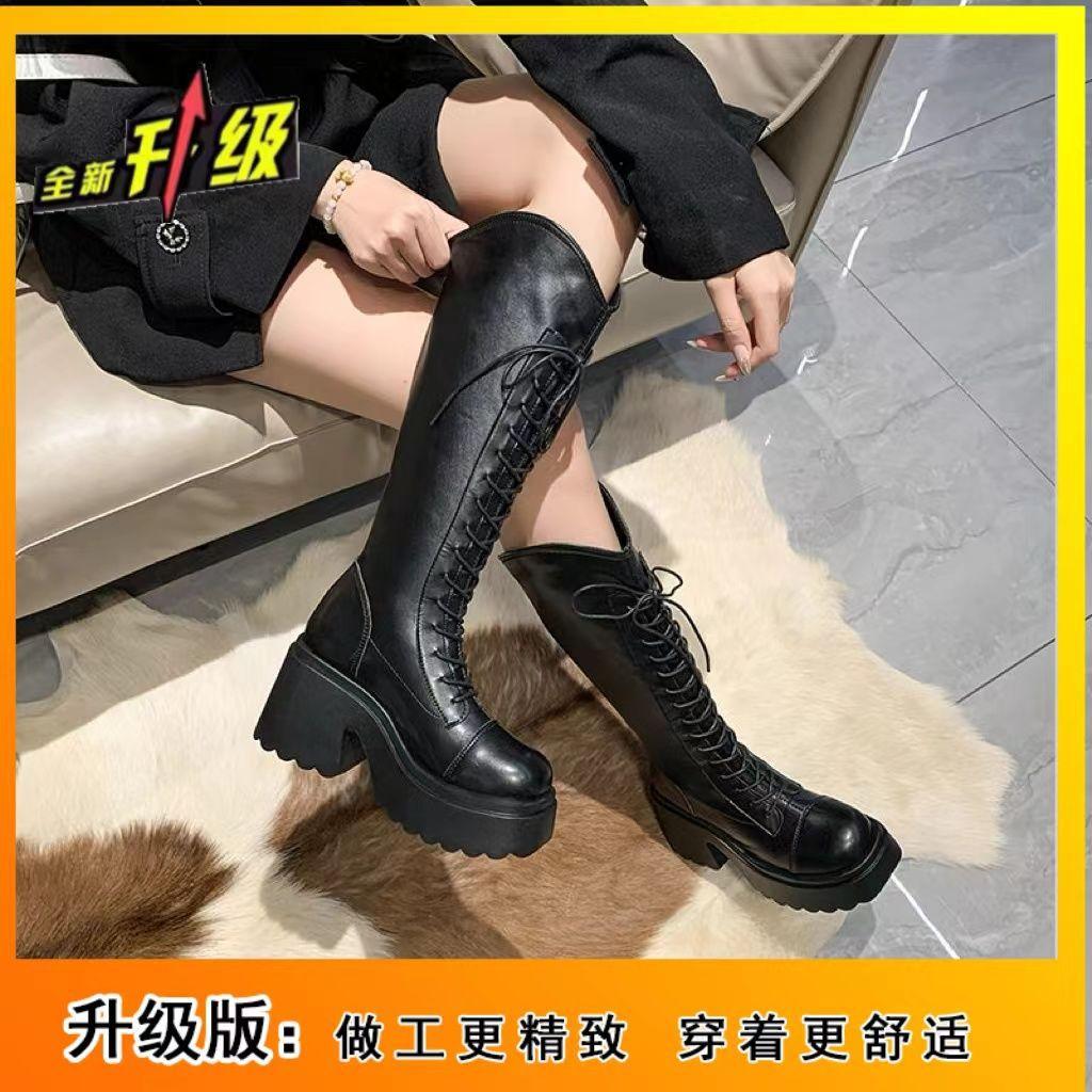 V-mouth thick-soled versatile boots for women 2025 autumn and winter looking thin thick heels but knee knight boots high boots tide